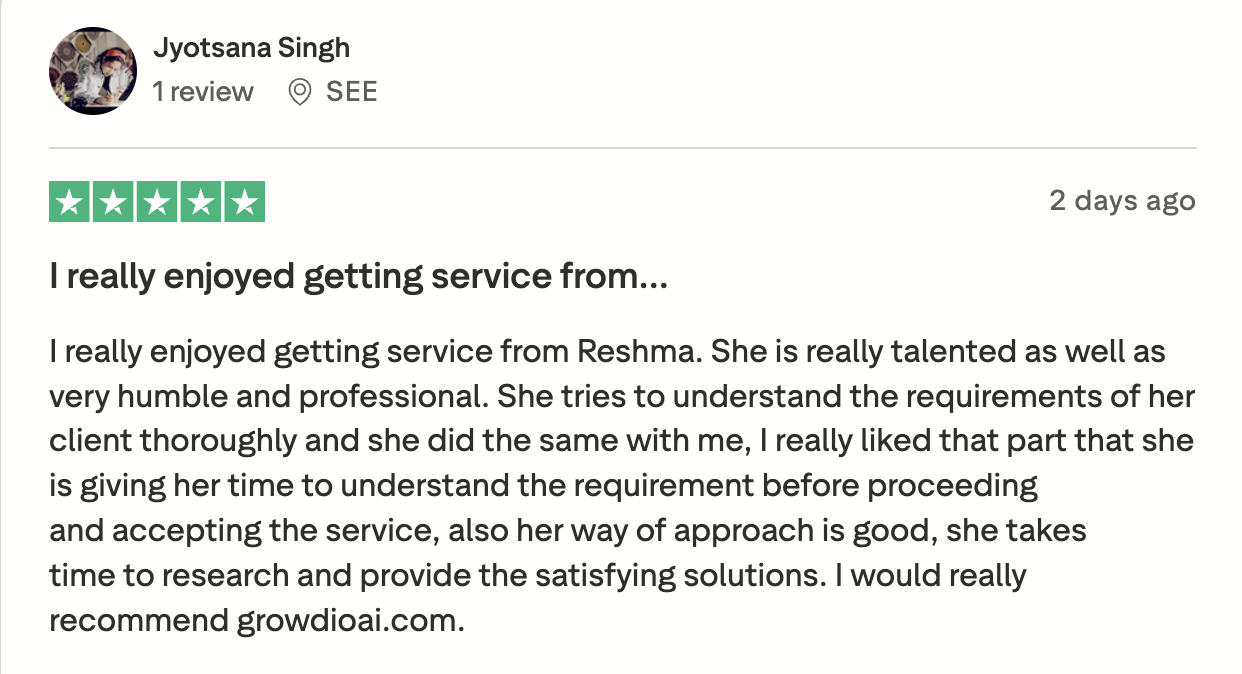Trustpilot review by Jyotsana Singh - 5 stars - I really enjoyed getting service from Reshma. She is really talented as well as very humble and professional.